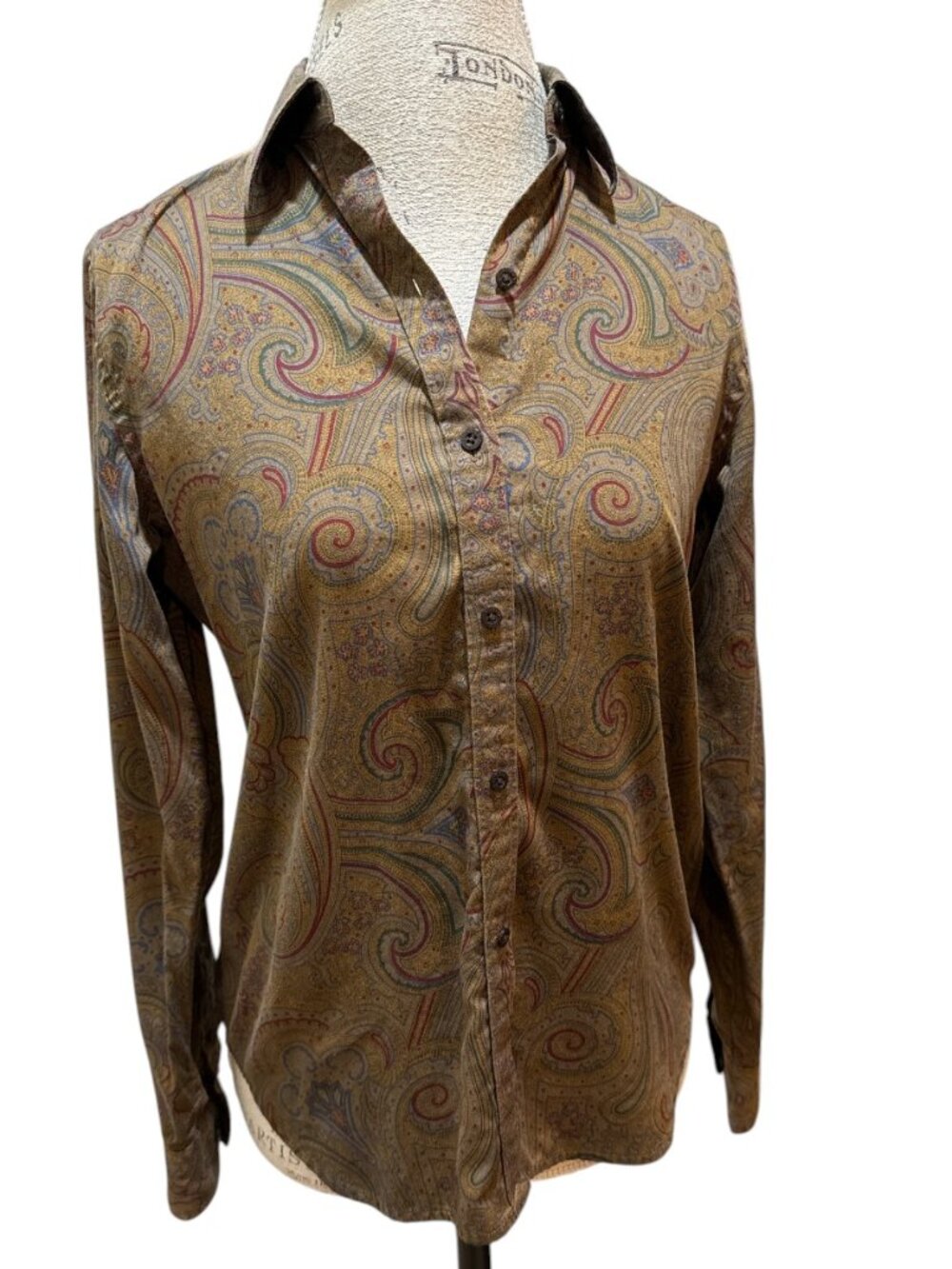 Lauren Ralph Lauren Sz S Brown, Red & Blue Paisley Cotton Button-Up Blouse
